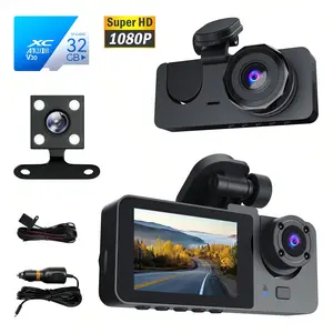 3 Channel Dash Cam Front And Rear For Car Accessories, 1080 Full UHD 170 Deg Wide Angle Dashboard Camera With 32GB SD Card,Dash Cam With Built In IR Night Vision,G-Sensor,WDR,Loop Recording,24Hr Parking Accesorios Para El Carro Forcar Camera,