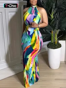 Women's All Over Print Tie Back Halter Neck Dress, Elegant Chic Fitted Fashion Backless Maxi Dress for Daily Holiday Vacation Wear, Women Dress for Summer, Womenswear