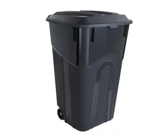 32 Gallon Wheeled Heavy Duty Plastic Garbage Can, Attached Lid, Black