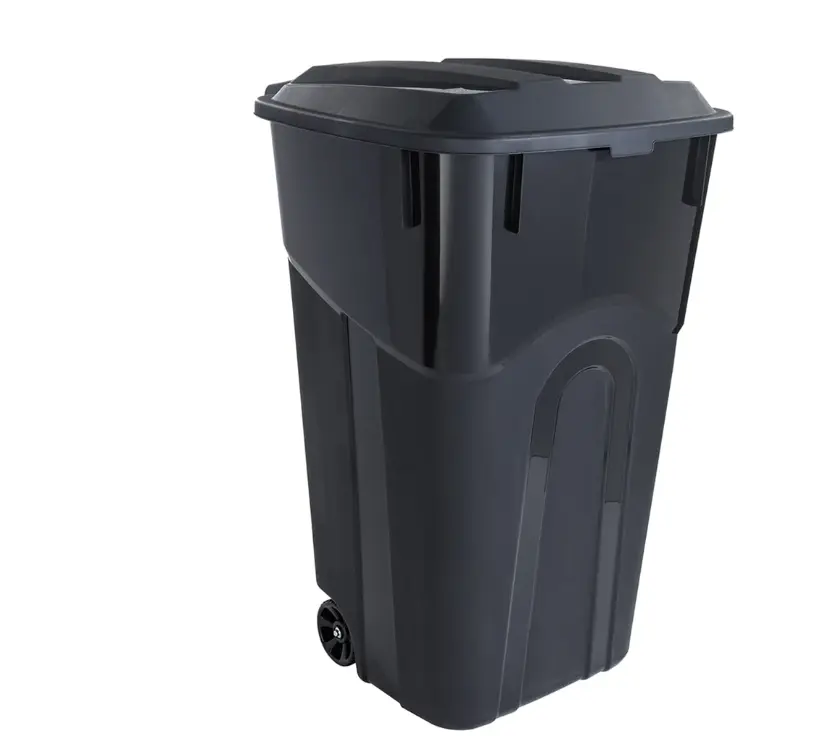 32 Gallon Wheeled Heavy Duty Plastic Garbage Can, Attached Lid, Black 32 Gallon Wheeled Heavy Duty Plastic Garbage Can, Attached Lid, Black