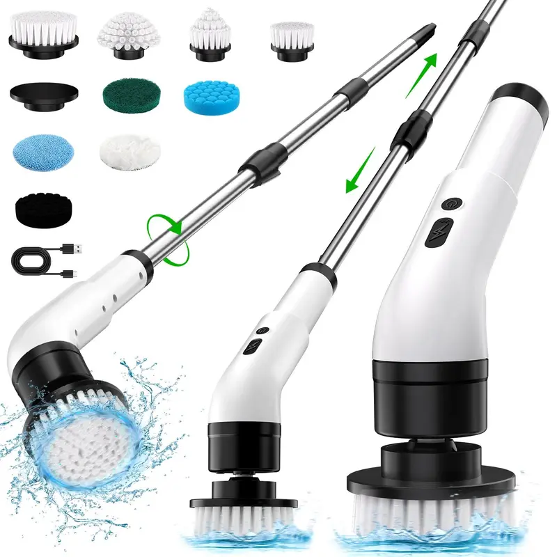WHATOOK Cordless Rechargeable Spin Scrubber Set - 9-in-1 ABS Shower Power Scrubber with 9 Replaceable Heads, Telescopic Adjustable Handle, USB Cable, Deep Cleaning House Supplies for Shower, Glass