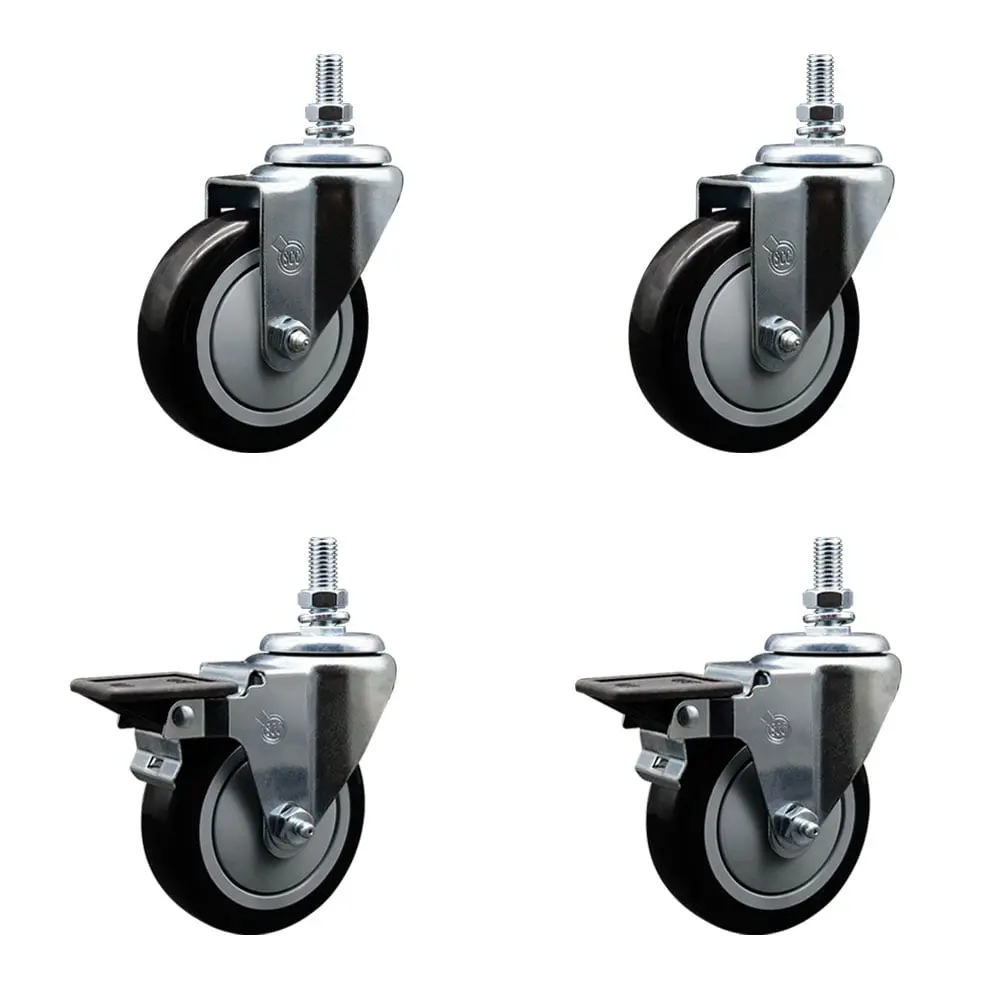 Service Caster Heavy Duty Polyurethane Swivel Threaded Stem Caster Set of 4 - 4x1.25 inches Wheels, 0.5 inches Stems, Model SCC-TS20S414-PPUB-BLK-121315-2-PLB-2, Brake, 1400 lbs Capacity, Light/Medium Material Handling, Concrete Floors, Concrete/Tile/Wood