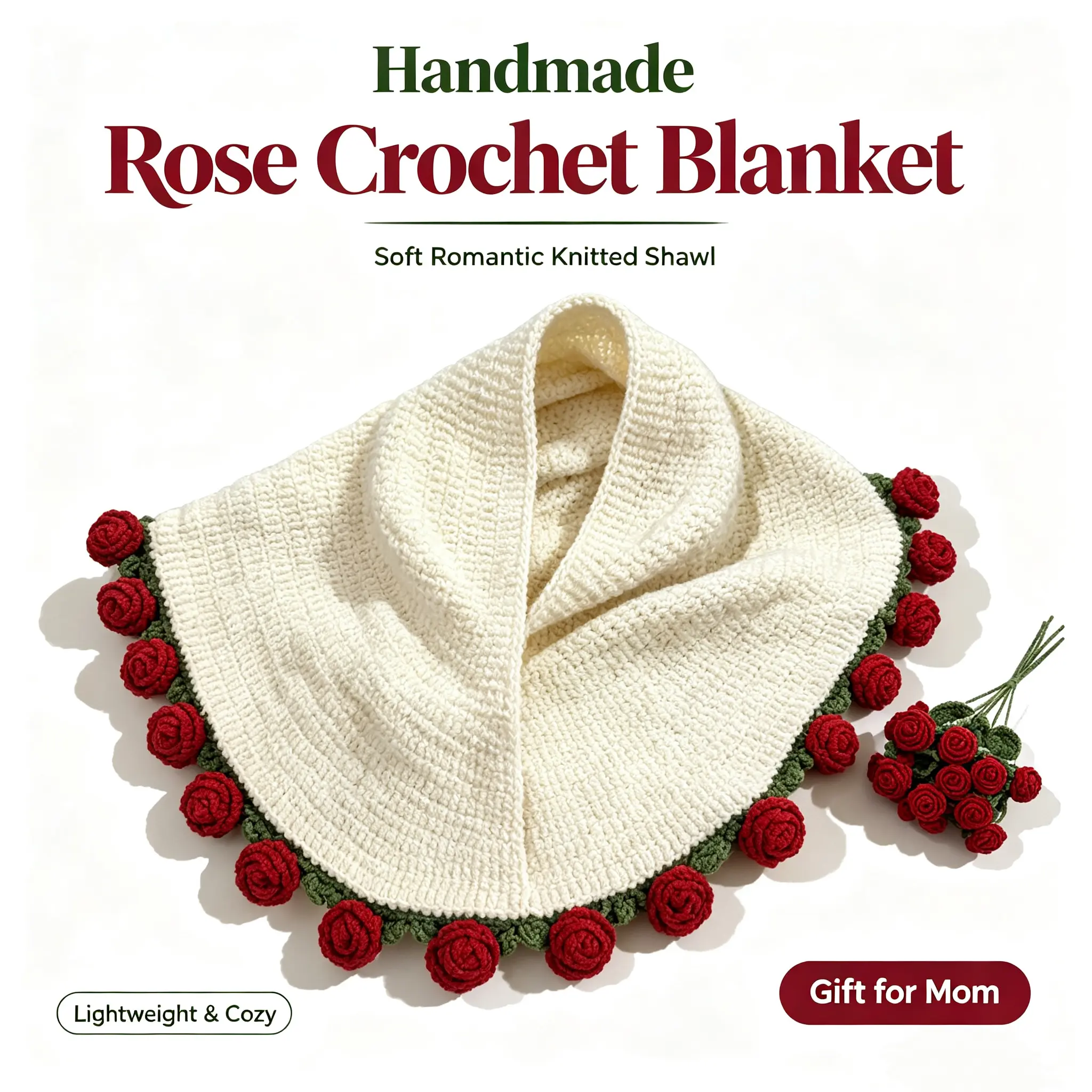 【FaddishDeal】Handmade 3D Rose Trim Crochet Throw Blanket, Christmas Festive Knitted Round Shawl Wrap, Soft Decorative Sofa Bed Cover Ideal Xmas Holiday Present for Women