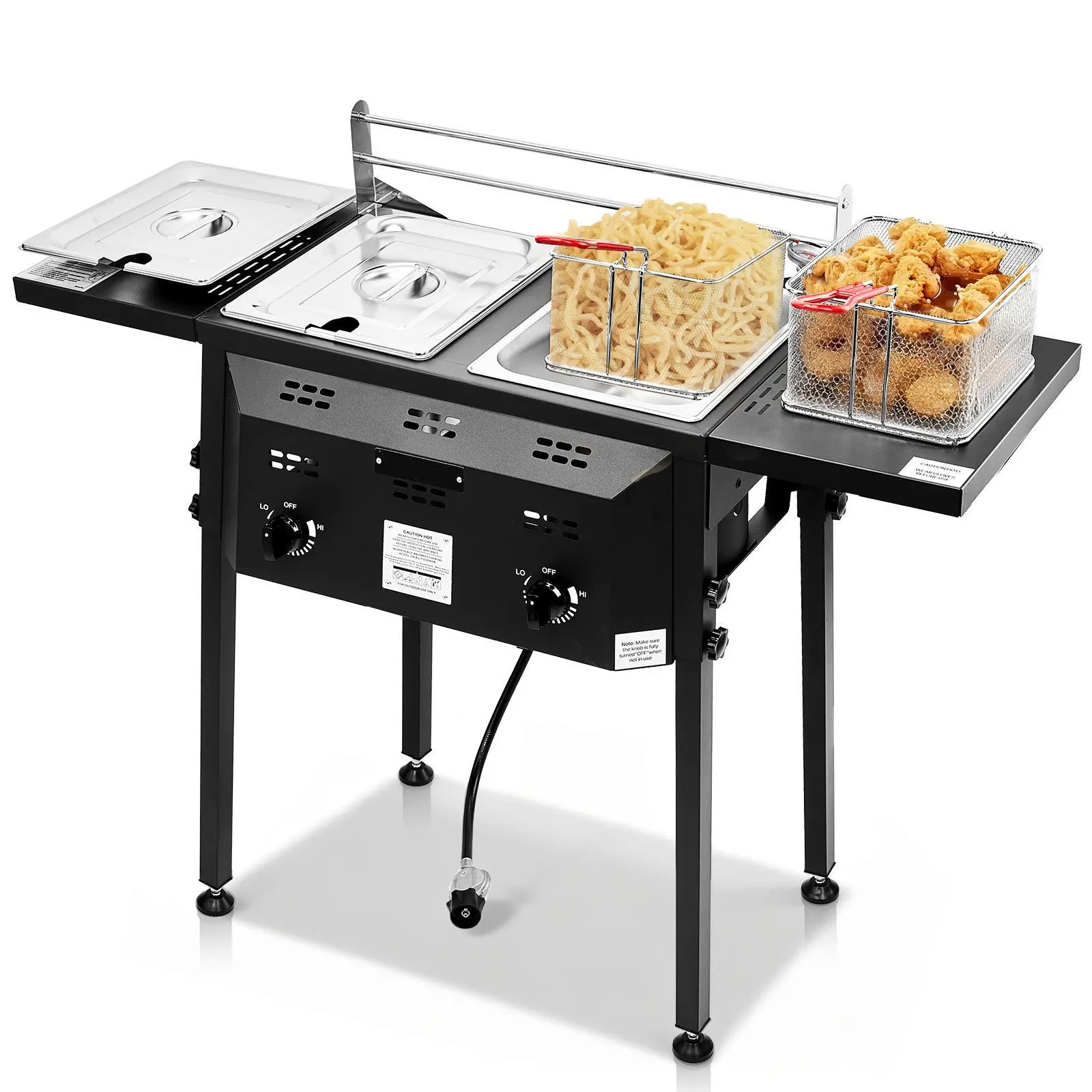Outdoor Propane Deep Fryer, Double Burners Commercial Fryer, 16 Qt Cooker with Removable Baskets & Lids & Tanks, Oil Fryer Cart with Thermometer & Foldable Side Tables for Outdoor Cooking