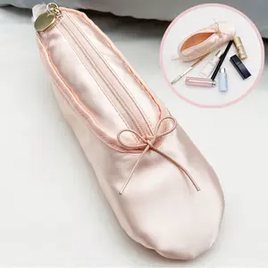 Vintage Ballet Shoe Shaped Makeup Bag & Pencil Case - Premium Soft Satin Material, Lipstick/Eyebrow Pencil/Eyeliner Storage Pouch, Durable Portable 2-in-1 Organizer for Cosmetics & Stationery,Ballet Shoe Shaped Satin Organizer
