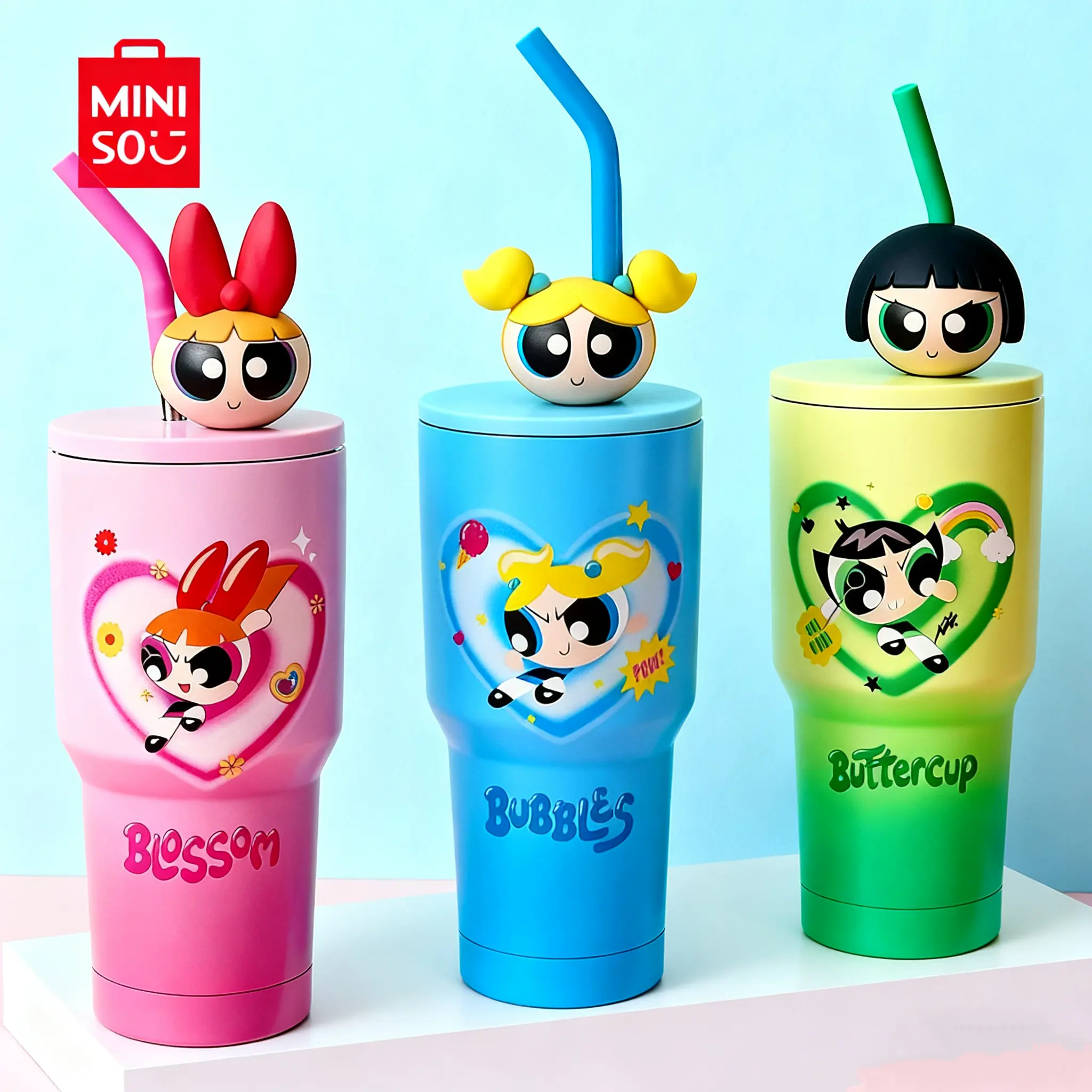 MINISO Powerpuff Girls Gradient Stainless Steel Straw Tumbler - 30oz Double-Wall Leak-Proof Vacuum Flask, Portable, Detachable Lid, Keeps Beverages at Perfect Temperature, Ideal for Coffee & Beach Use, Kitchenware Drinkware, Flasks, Back To School