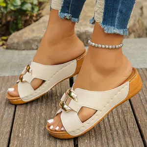 Women'S Wide Width Slip-On Wedge Sandals - Open-Toe Summer Beach Shoes with Thick Cushioned Rubber Sole, Synthetic Cover Upper & Non-Slip Design for Casual Outings, Pool, Vacation, Ladies Shoes And Sandals, Poolside Footwear, Crisscross Str