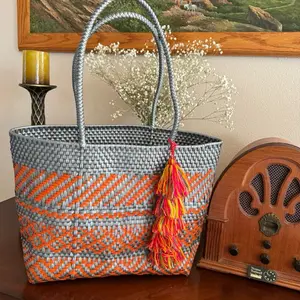 Mercado Bag - Vibrant Orange & Gray Woven Tote with Colorful Tassel - Perfect for Everyday Use