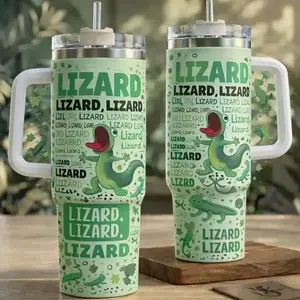 Funny Lizard Doodle Pattern Tumbler 40oz Cute Green Gecko Cartoon Reptile Lover Gift Cup With Handle And Straw