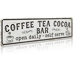 Funny Coffee Tea Cocoa Bar Metal Sign "COFFEE TEA COCOA BAR open daily self serve" Retro Wall Art & Home Decoration, Wall Decor & Bedroom Decor for Kitchen, 4×16 Inch Aluminum, Vintage Rustic Style, Ideal Gift for Coffee Lovers & Cafe Decor Fans