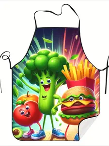 1 Retro Cartoon Vegetable Print Apron - Fun broccoli and french fries design, made from durable, easy-to-clean fabric, perfect for cooking, baking, and meal prep
