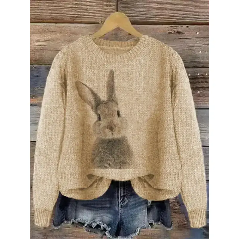 Women's Rabbit Print Drop Shoulder Crew Neck Sweater, Casual Chic Long Sleeve Round Neck Jumper for Fall & Winter, Fashion Ladies' Knitwear for Daily Wear, Women's Clothing, Sweaters for Women, Cute Tops, Knit Pullover Tops Women's Rabbit Print Drop Shoulder Crew Neck Sweater, Casual Chic Long Sleeve Round Neck Jumper for Fall & Winter, Fashion Ladies' Knitwear for Daily Wear, Women's Clothing, Sweaters for Women, Cute Tops, Knit Pullover Tops