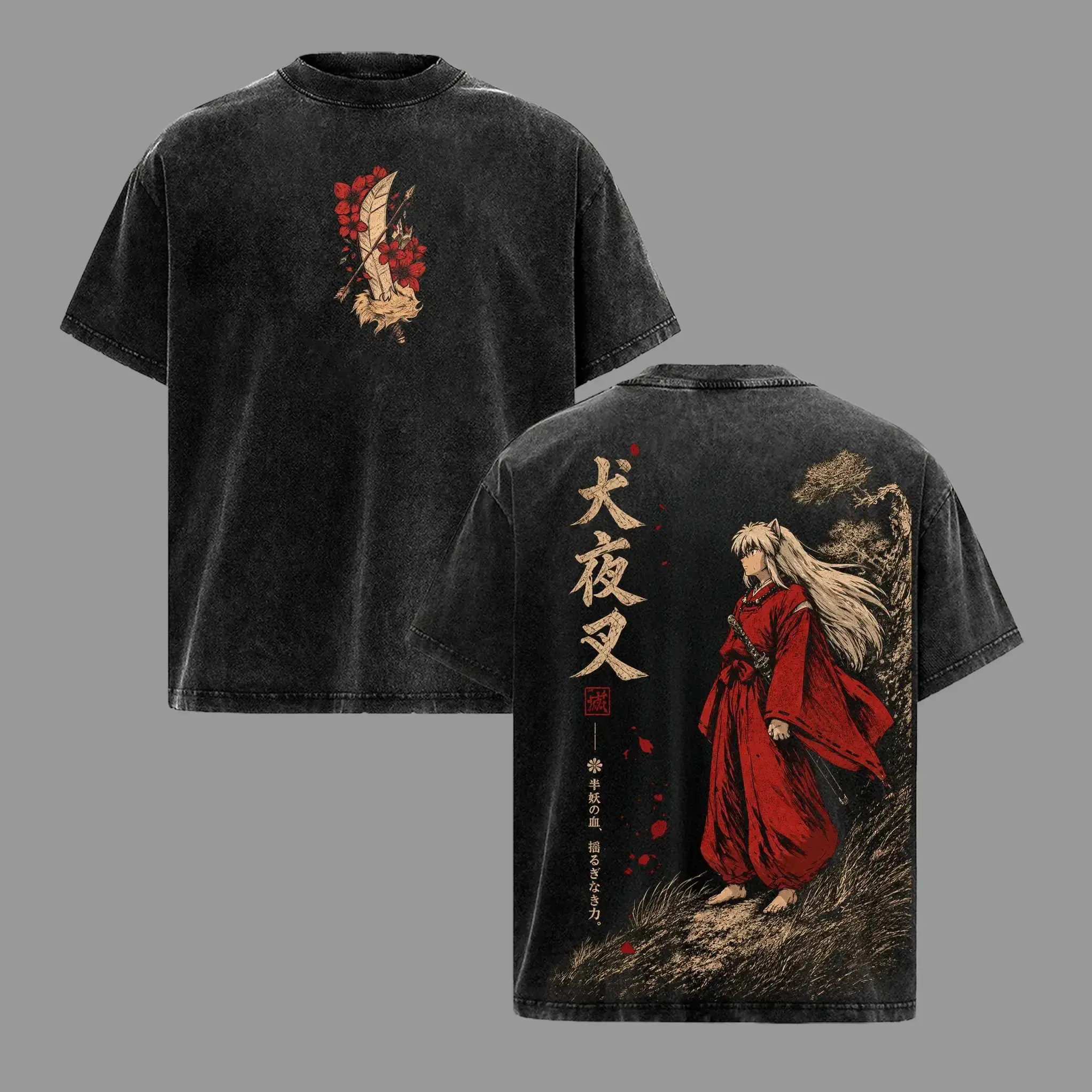 Men's Oversized Washed Inuyasha Anime Style Short-Sleeve Crew Neck Heavy Cotton Menswear T-Shirt - Relaxed Vintage Retro Casual Loose-Fitting Double-Sided Streetwear Top, Classic Manga Fan Gift Apparel (Machine Washable)