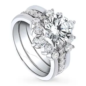 BERRICLE Sterling Silver Solitaire 5-Stone Wishbone Engagement Rings Statement Stackable Band for Women, 2 Carat Round Cut Cubic Zirconia CZ Ring Set