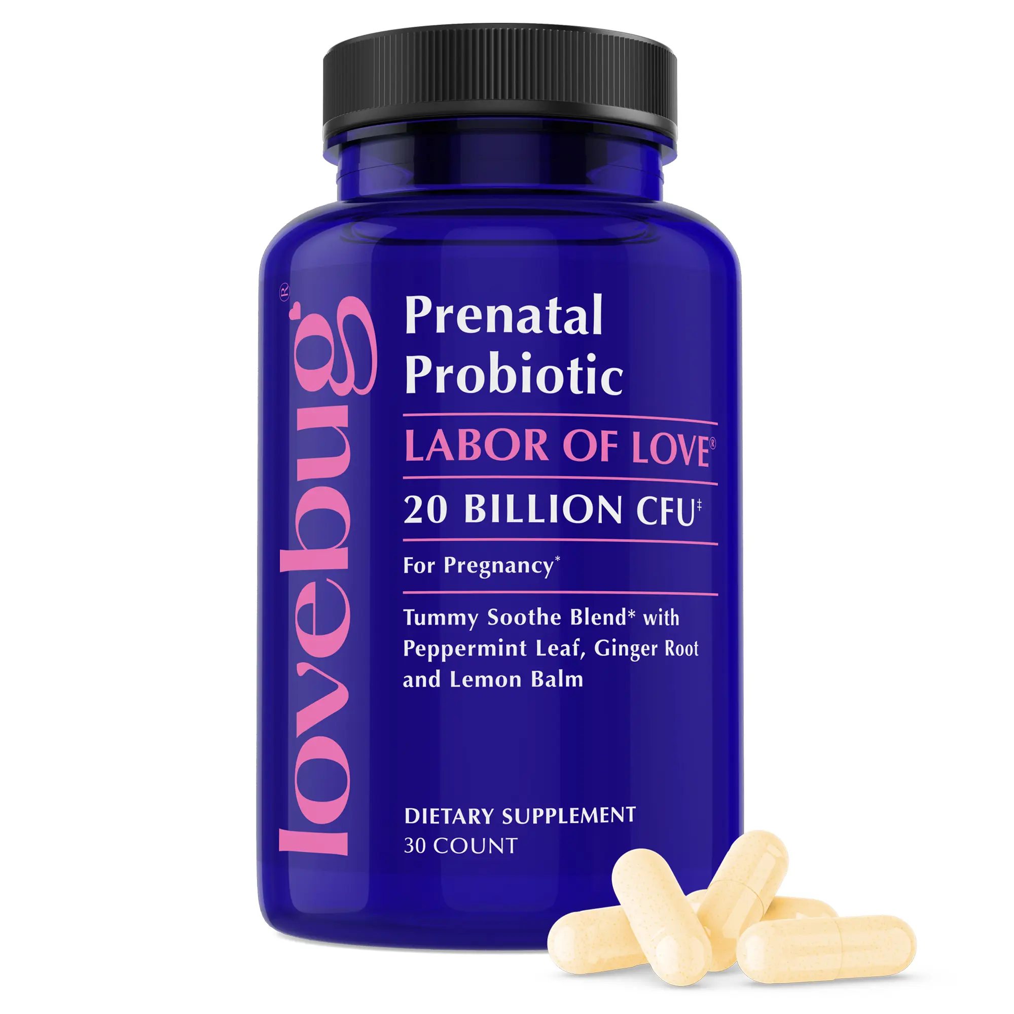 Lovebug Prenatal Probiotic | 20 Billion CFU, 7 Probiotic Strains | Tummy Soothe Blend for Morning Sickness | Vitamins C & D | Daily Capsule | 30 or 60 Day Supply