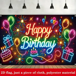 Neon Birthday Theme 2D Flat Banner, Polyester Material, Metal Grommets, Party Design, Indoor/outdoor Wall Decor, 80x120cm