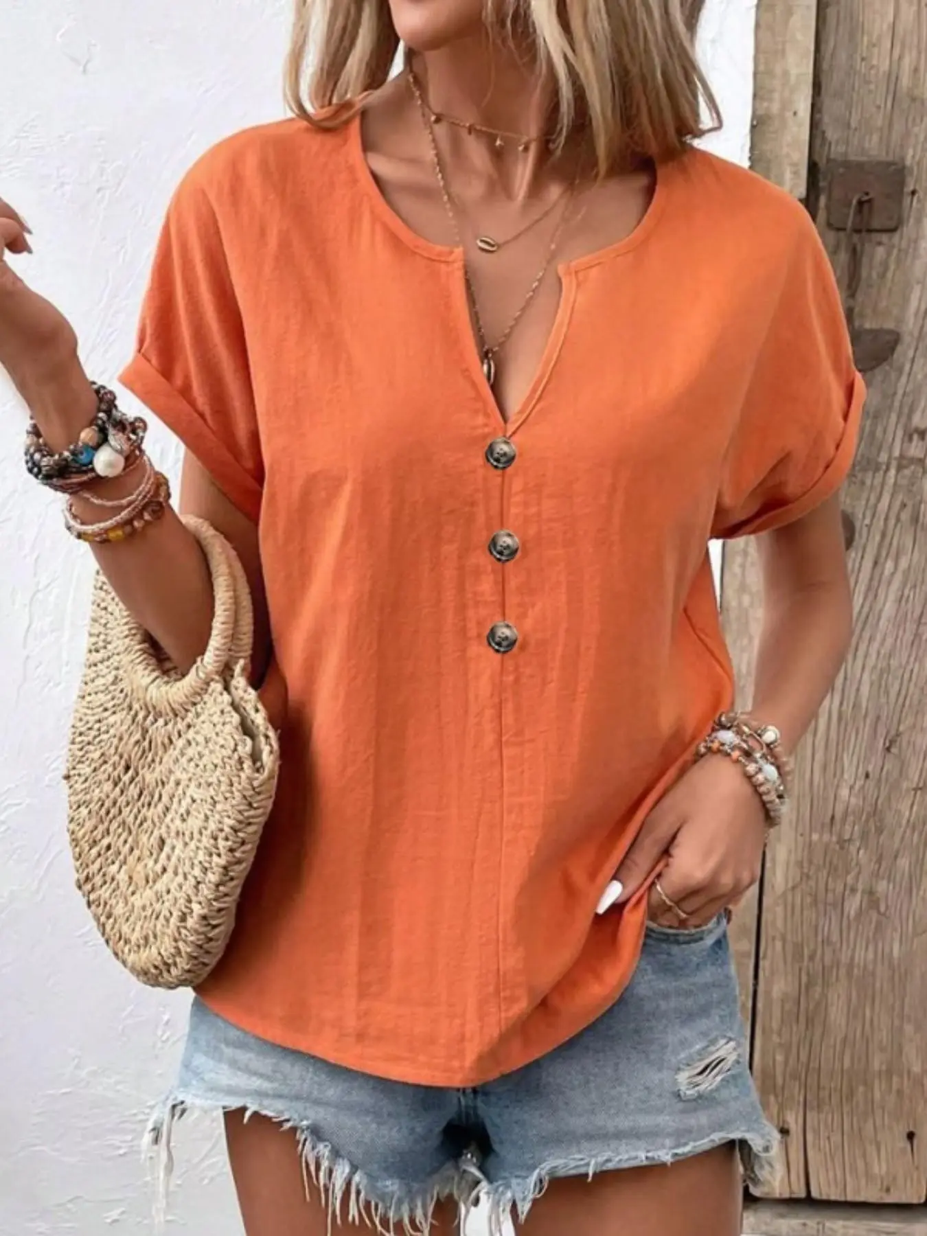 Summer New Loose Casual Women's Top Button V-Neck Short Sleeve T-Shirt, Comfortable Fashion Everyday Tee for Daily Wear, Stylish Ladies' Clothing, Knit Casual Top, Womenswear