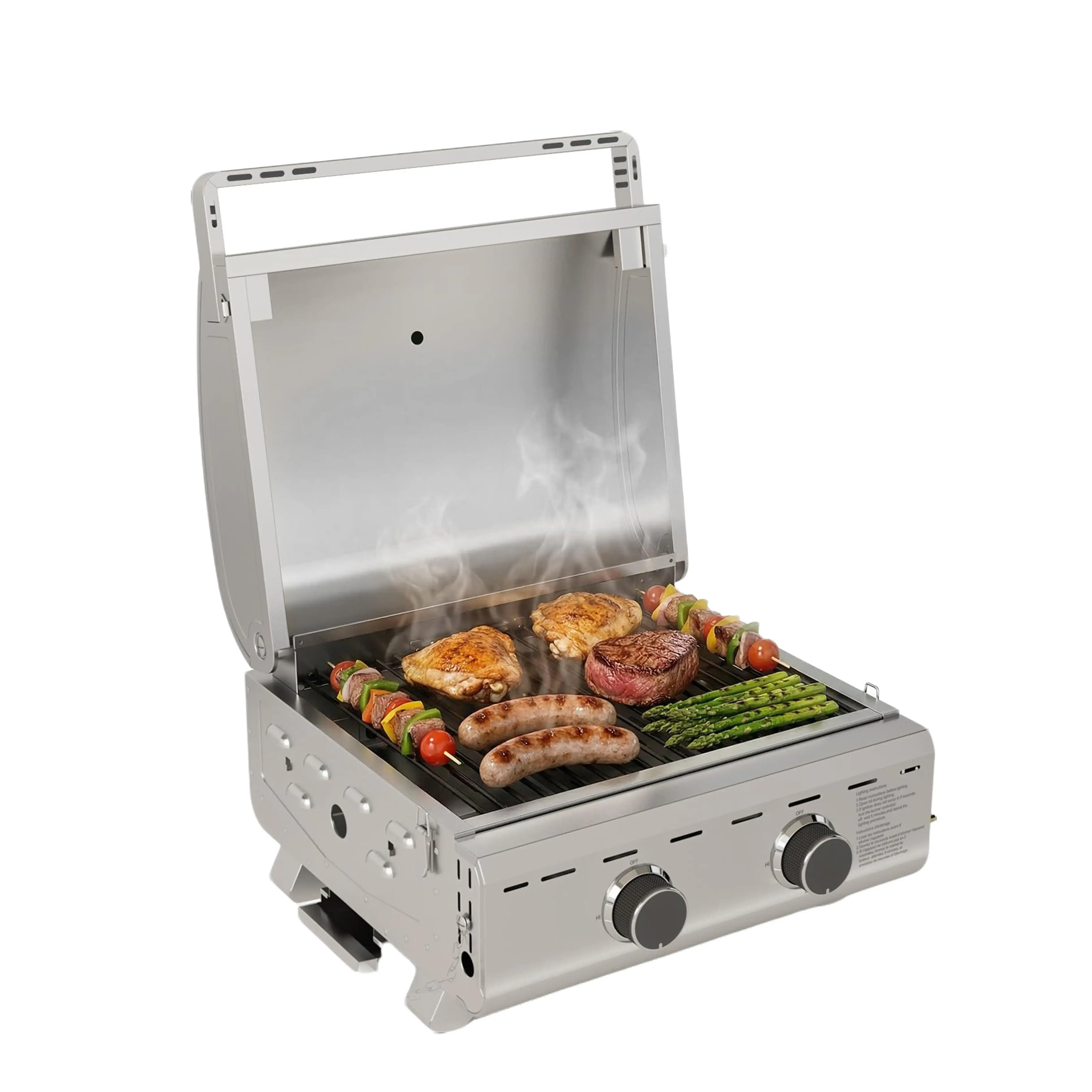 R.W.FLAME【SummerVibes】16,000 BTUs Tabletop Gas Grill, 2-Burner Portable Propane Grill with Foldable Legs, Extra-large 251 Sq. in Cooking Area, 20" Stainless Steel BBQ Grill for Backyard, RV, Camping, Tailgate