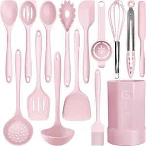 Silicone Cooking Utensil Set - 446°F Heat-resistant kitchen utensils, including spatulas, tongs, spoons, and mixers, suitable for non-stick pans, kitchen utensil set, dishwasher safe, BPA-free (pink)