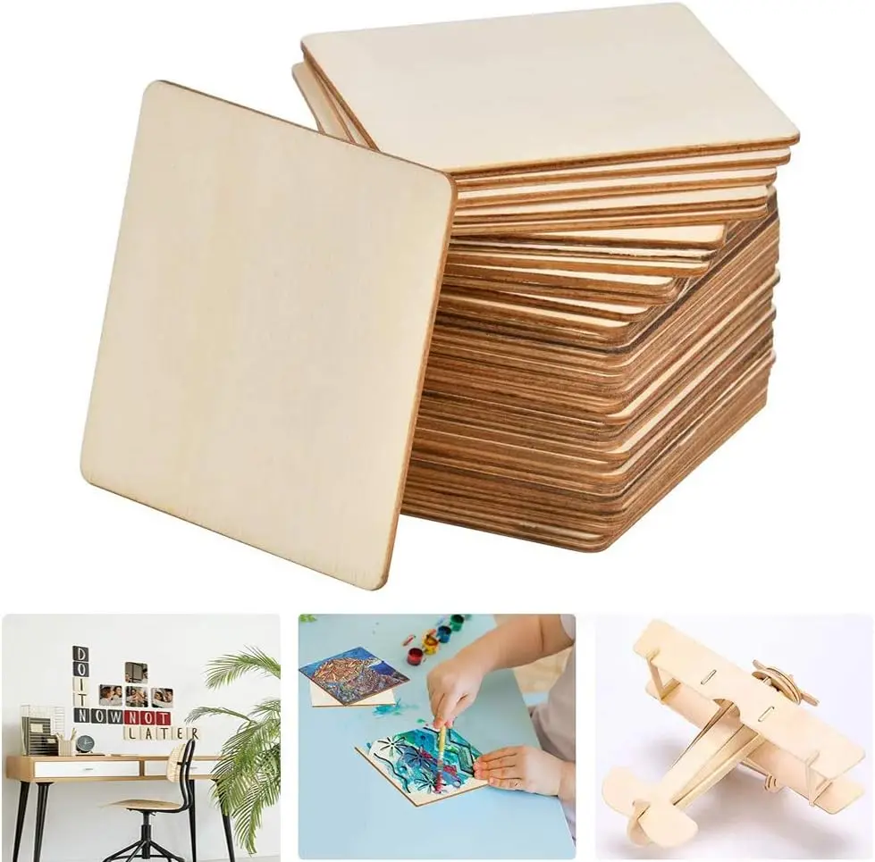 50 Pcs Unfinished Wood Pieces, Natural Blank 4 X 4 Inch Wood Squares, Wooden Square Cutouts Tiles for DIY Crafts Painting, Coasters Engraving, Home Decorations
