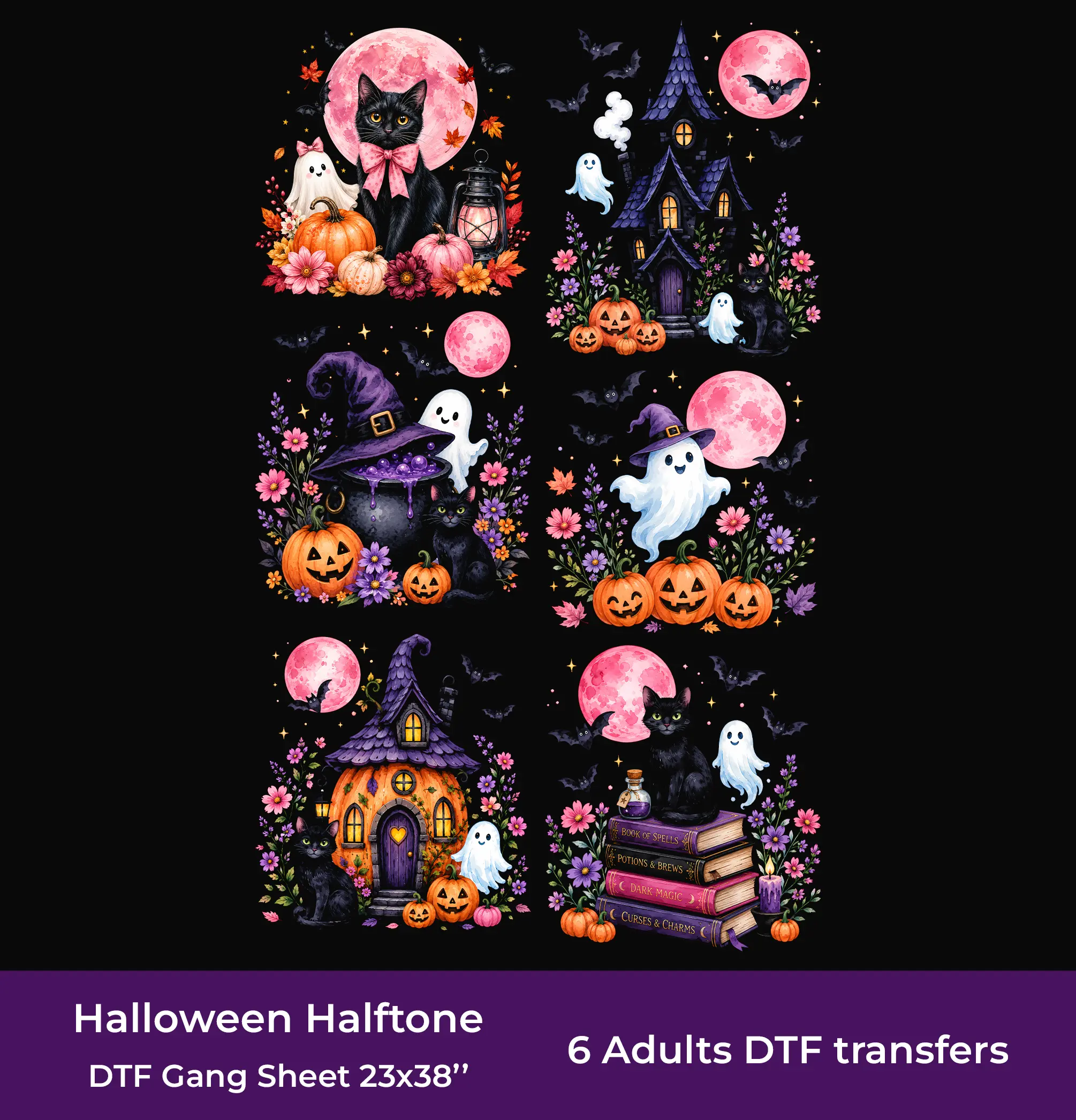 Watercolor Halloween Halftone DTF Gang Sheet, 23x38 in. Ready-to-press Heat transfers