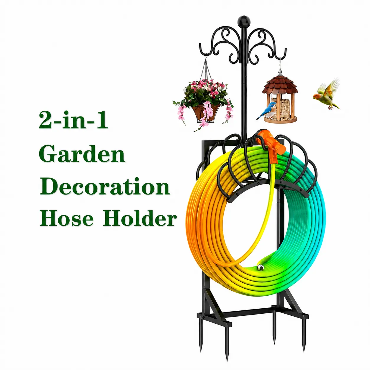 【Summer Vibes】2-in-1 Heavy-Duty Garden Hose Holder, Rust-Resistant Reinforced Steel Shepherd Hooks, Freestanding No-Tool Quick Installation Stand, All-Weather Stability, Holds Up to 160ft for Outdoor Landscaping & Watering (Garden Hoses & Reels), Heavy-Du