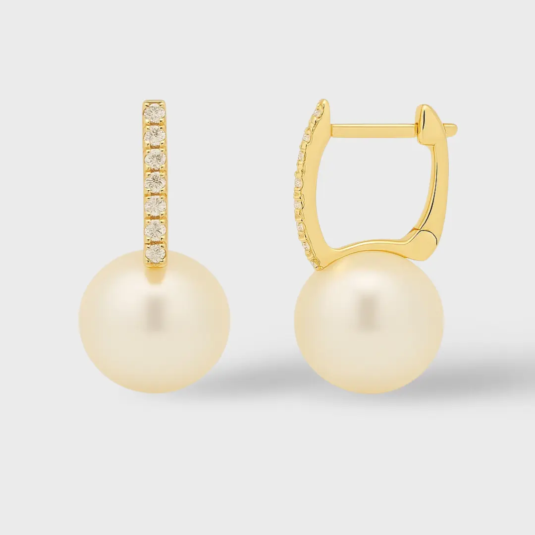 Diamond and Pearl Huggie Earrings in 14K Gold - 0.06 Carats