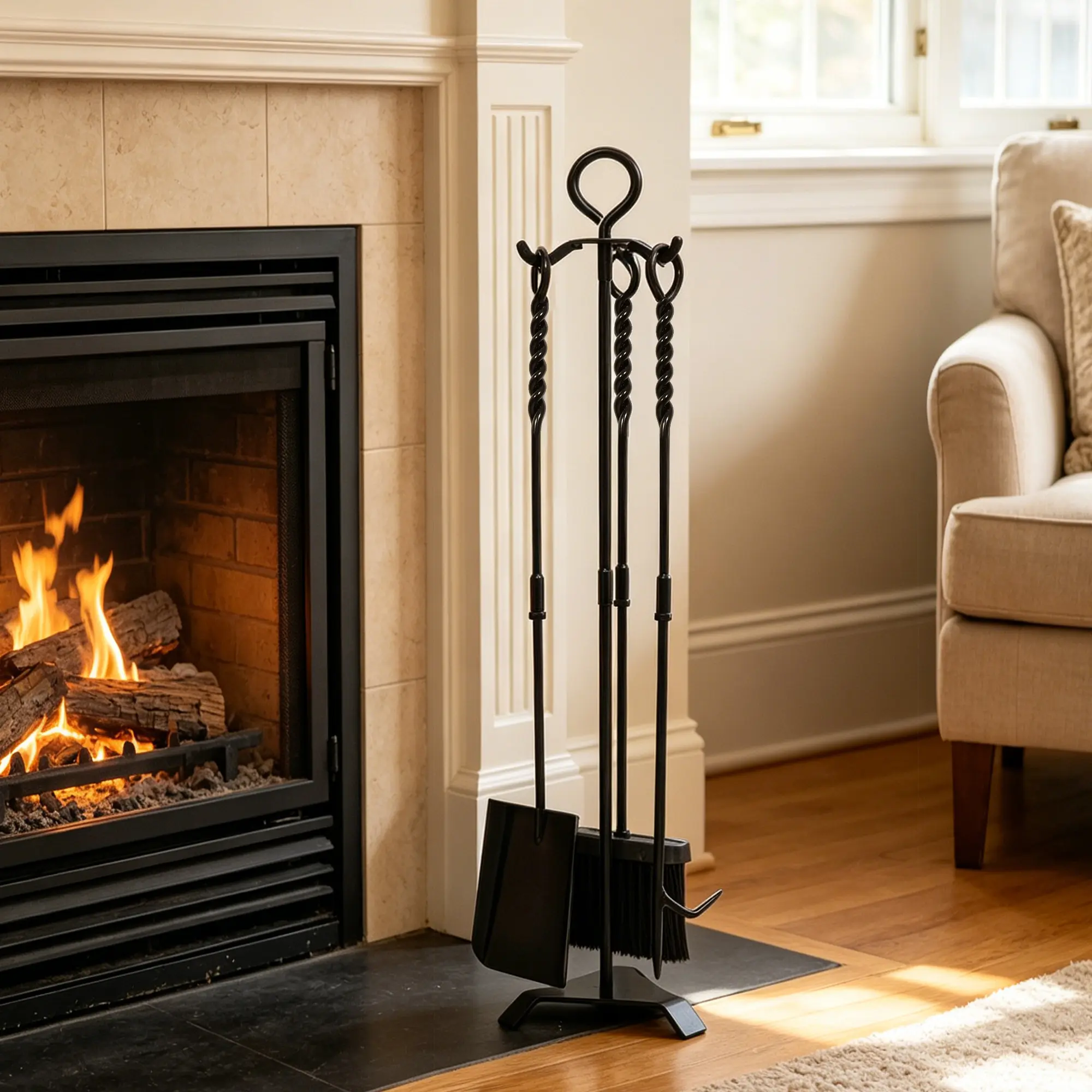 CKLT 30'' Manganese Steel Fireplace Tool Set, 4-Piece Twisted Rope Design Set with Stand, Fire Poker, Wide Shovel, High-Density Brush for Home Improvement Outdoor Fire Pits home decor, travel essentials, home essentials, camping essentials
