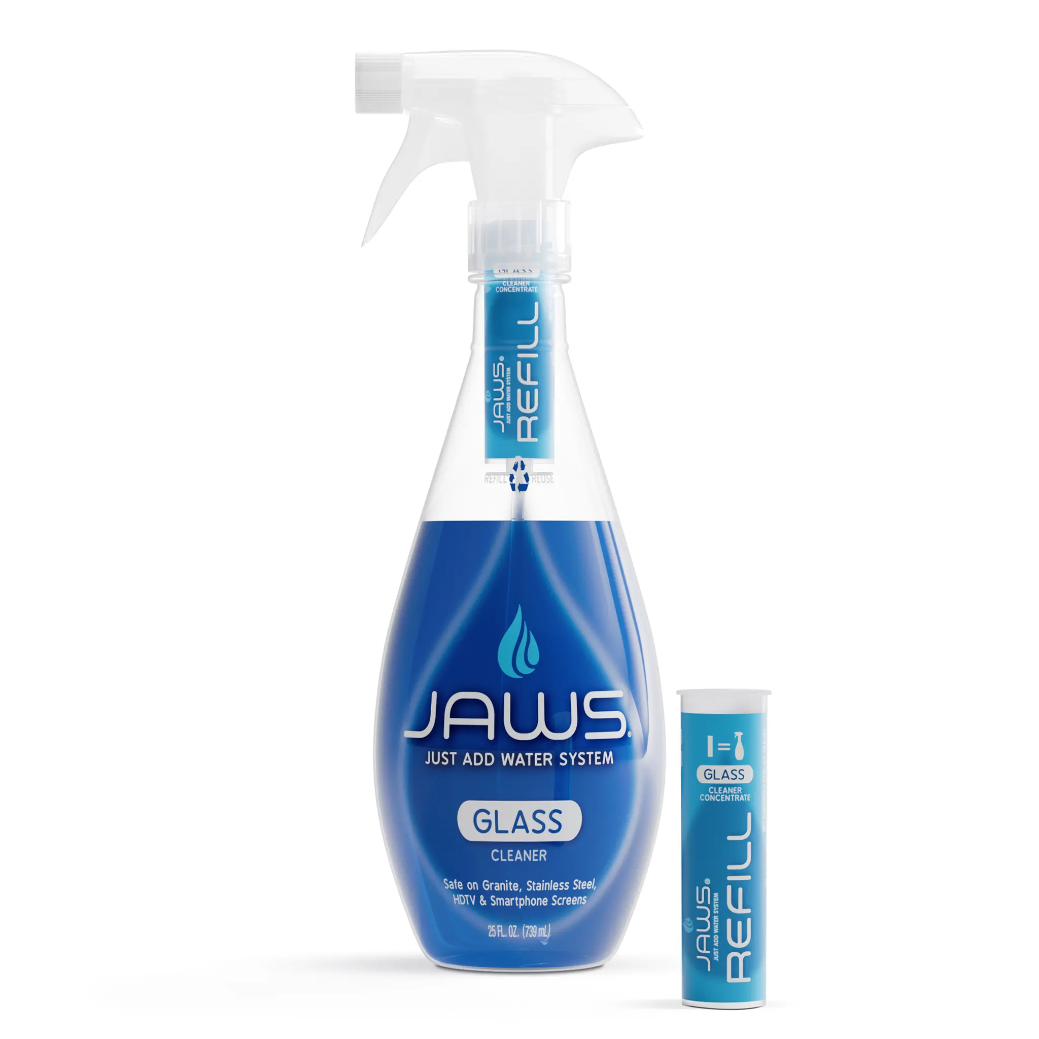 JAWS Glass Cleaner Bottle with 2 Refill Pods - Streak-Free Spray for Glass, Mirrors ,Stainless Steel, Electronics, Marble Countertops, Tiles & More - Eco Friendly Refillable System
