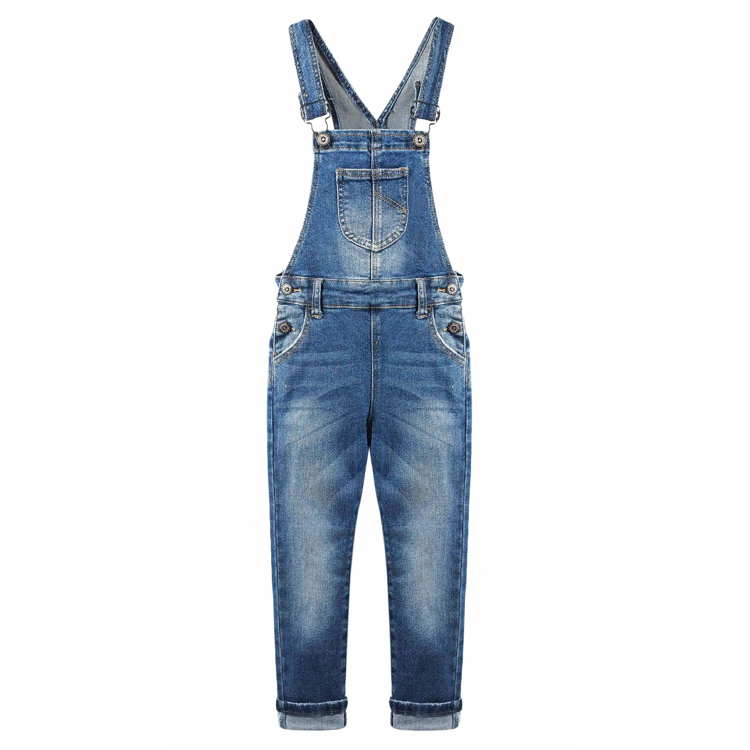 Kidscool Space Girls Dark Wash Bootcut Denim Overalls  Stretchy Slim Flare Jean Bib Pants for Kids