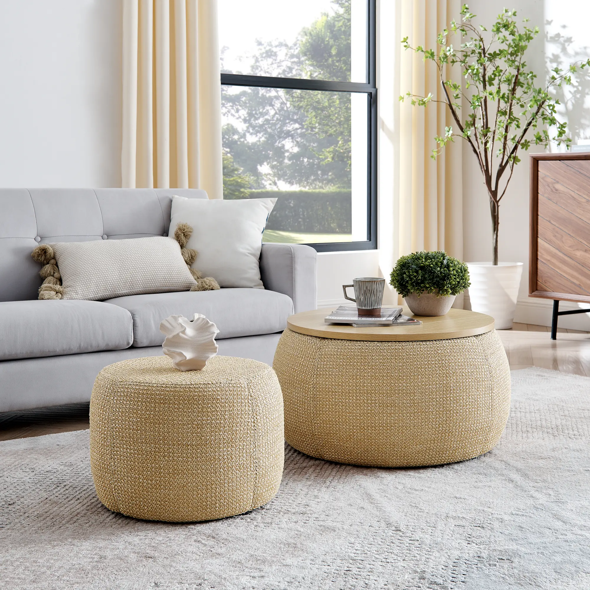 Round Storage Ottoman, Woven rattan fabric Ottoman, 2 in 1 Function, Work as End table and Ottoman,with small seat (25"x25"x14.7")