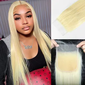 KRN 613 Blonde 5x5 Lace Closure, 12A Grade Human Hair 613 Closure Pre Plucked With Baby Hair Blonde Color Brazilian Virgin Straight Hair Invisible Lace Frontal Closure Free Part 12 Inch
