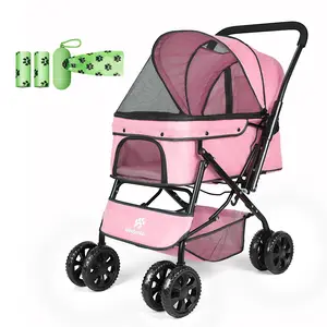 Medium Dog Stroller 50lb - Pets Stroller for Medium Dogs with Reversible Handlebar, 360 Front Wheel, Foot Brake, Wide Mesh Canopy, 2 Security Leashes, Cup Holder, Storage Basket, Pink