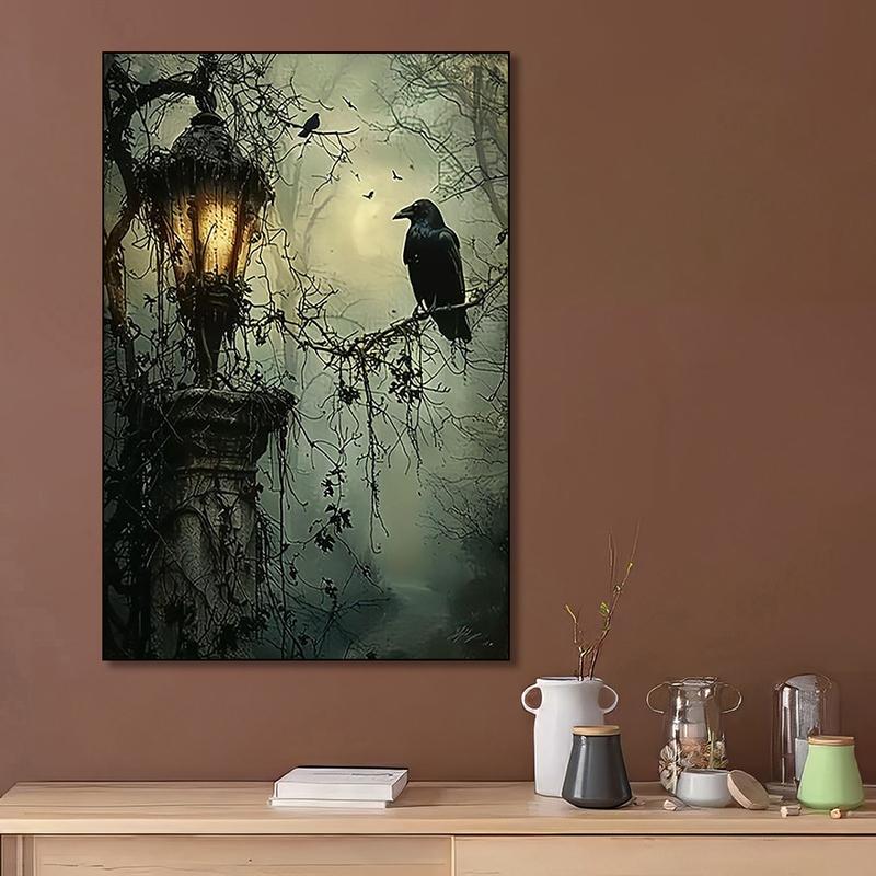 Mysterious 1pc Gothic Raven and Lantern Wall Art Canvas Print - Vivid Frameless Oil Painting Style Poster with Haunted Theme for Home, Office, Living Room, Bedroom Decor - Abstract Artwork with Rich Colors and Textured Finish
