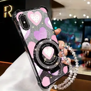 XS Max Popular Series Pearl Strap Lanyard Phone Holder Case For Compatible With iPhone XS Max Transparent Magnetic Glitter Cover and Durable Protective Full of Cute Pink Hearts Protector Cases Accessories