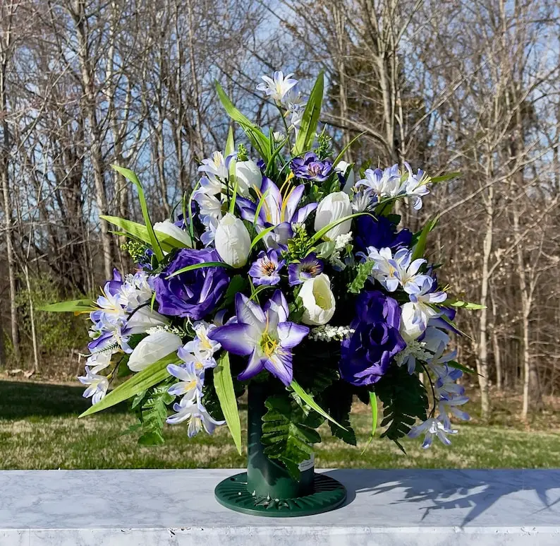 White, Purple and Violet Cemetery Vase, Vase Arrangement, Memorial Cemetery Vase, Memorial Flowers, Spring Cemetery Vase, Sympathy Flowers