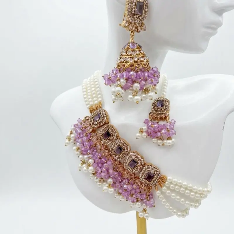 Elegant Choker Set with Purple Beads and Pearls Gold Tone Jewelry for Women
