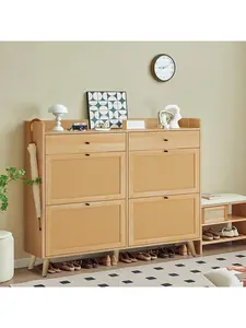 Gaomon Narrow Wooden Rattan Slide-Out Shoe Cabinet Organiser, 4 Flip Drawers, Easy Installation, Natural Oak Finish for Entryway Slipper Storage