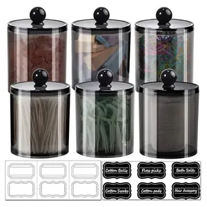 Qtip 6 Pack Dispenser Apothecary Jars with Labels - Clear Plastic Acrylic Jar for Cotton Ball, Cotton Swab, Cotton Rounds, Floss Picks & Hair Clips Bottles Tin