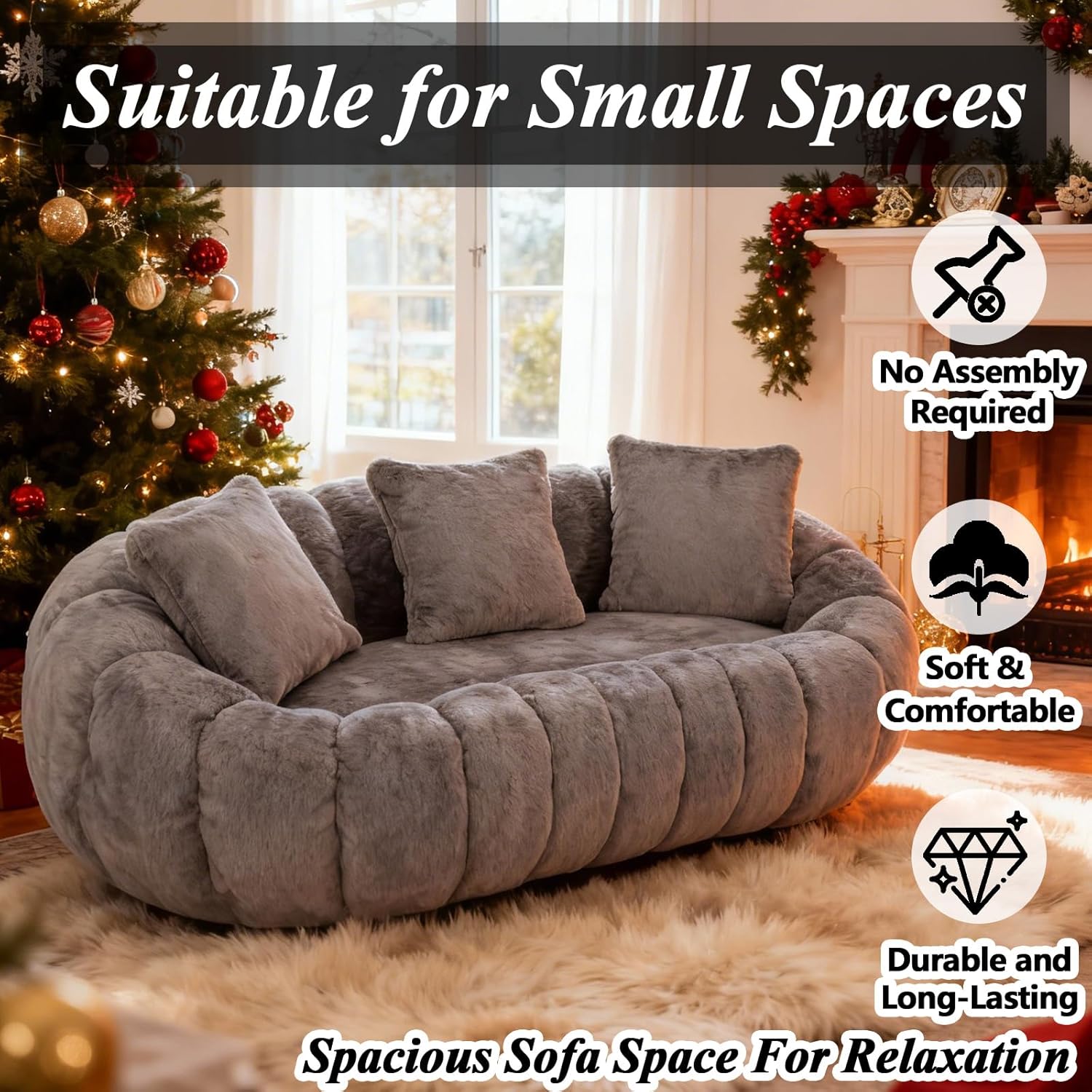 Fluffy Bean Bag Loveseat, Cloud Giant Bean Bag Couch for Adults with Filling and 3 Pillow, Soft Faux Fur Floor Sofa & Cozy Reading Chair for Bedroom, Living Room, Apartment (Grey, Lovesear)