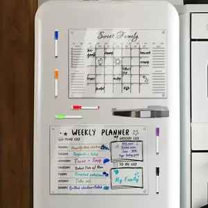 Transparent Acrylic Refrigerator Dry Erase Doodle Typography Calendar, Weekly Monthly Dual Planner Board, Includes 6 Magnetic Whiteboard Pens, Home Schedule Management