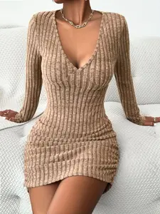 Women's Striped Deep V Neck Bodycon Dress, Comfortable Soft Casual Long Sleeve Tight Sleeve Short Dress for Fall & Winter, Ladies Clothes for Daily Wear, Womenswear