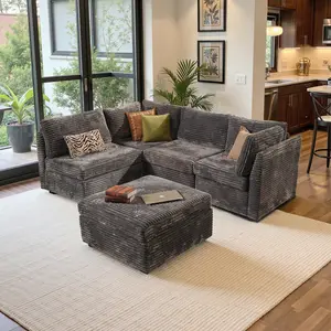 XIZZI 130" Modern Modular Sectional Sofa Set with Convertible Recliner - Deep Seat Cloud Corduroy Couch with Movable Ottoman, Customizable Layout-5 Seater for Living Room, Bedroom and Apartment