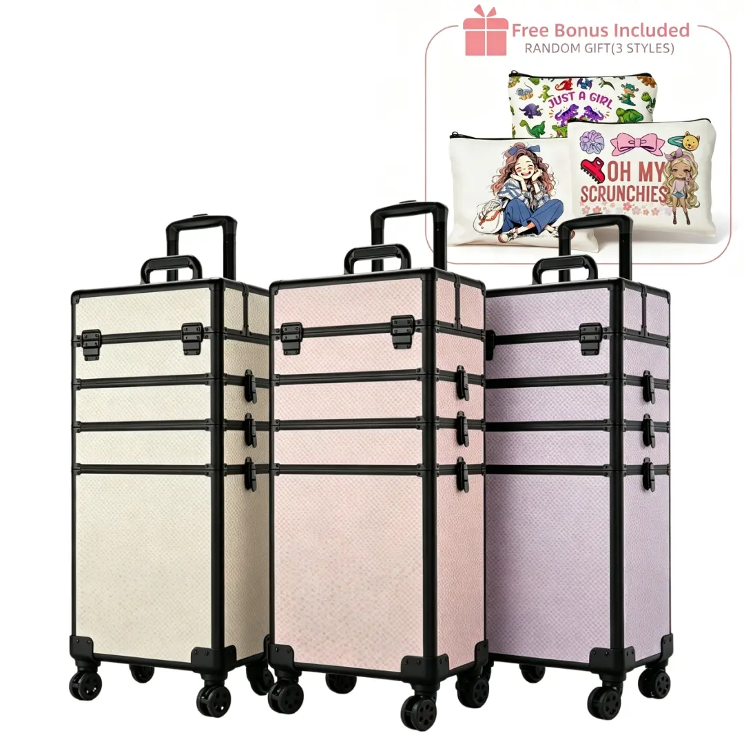 KEEYOTEK Modern Rectangular Fish Scale Pattern Rolling Cosmetic Storage Box - Aluminum Frame Trolley with 360° Silent Wheels, Wear-Resistant Sturdy Large Organizer for Makeup Artists, Makeup Travel,Free Random Makeup Storage Bag As Gift
