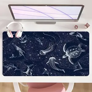 [Mouse Desk Pad] Non-Slip Mouse Pad Large Gaming Mouse Pad With Rubber Base & Stitched Edge Cosmic Ocean Marine Life Silverly Design Desk Top Protector Mat Desk Accessories For Home Office Christmas Gift