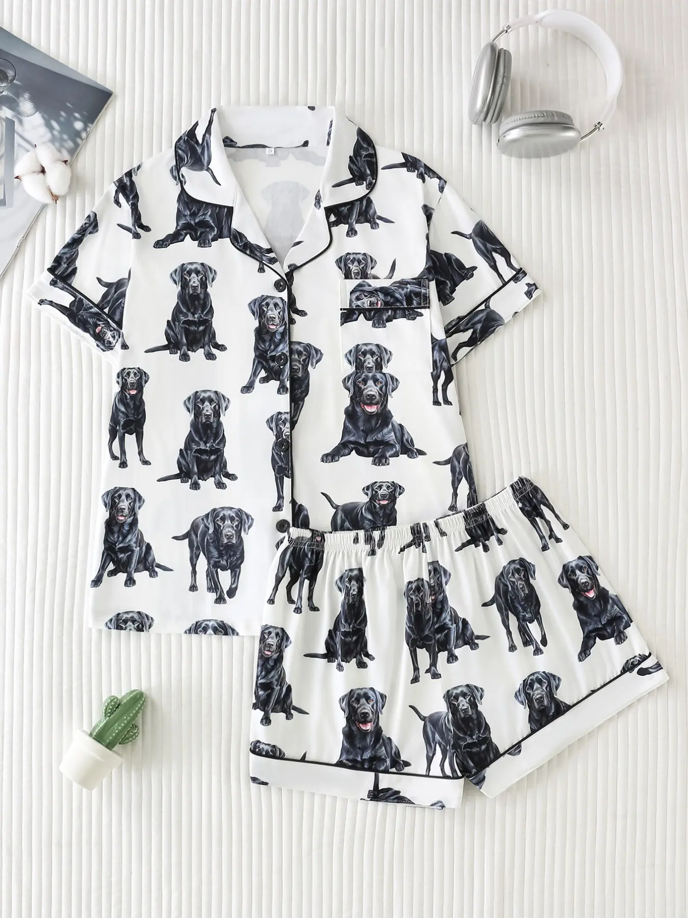 Two-Piece Labrador Dog Print Women's All Seasons Pajamas Pjs Nightwear Homewear, Soft Comfortable Fabric, Loose Lightweight Button Front, Short Sleeve Top and Shorts Set Loungewear