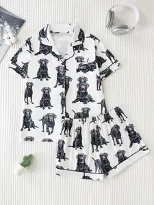 Two-Piece Labrador Dog Print Women's Pajamas Nightwear, Soft Comfortable Fabric, Loose Lightweight Button Front, Short Sleeve Top and Shorts Set Loungewear