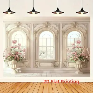 French Vintage Arch Background Cloth, European Floral Window Scene Rose Vase Photo Hanging Cloth, Wedding Birthday Party Decor