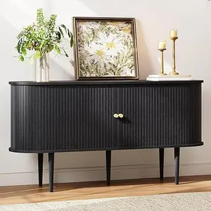 AMERLIFE 55" TV Stand with Solid Wood Legs, Mid Century Modern TV Console with Tambour Door, Dust-Proof Storage Cabinet for Living Room