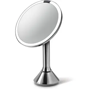 Sensor lighted makeup vanity mirror 8 round 5x magnification stainless steel rechargeable and cordless